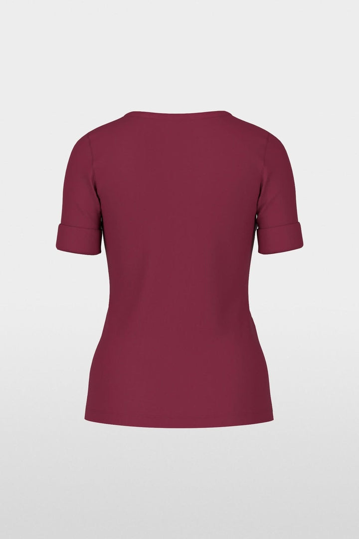 T-shirt ajusté en coton stretch avec manches mi-longues retroussées vue arrière, couleur bordeaux, style décontracté et confortable.