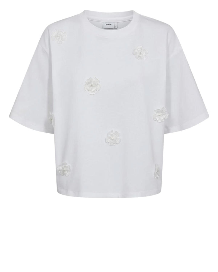 T-shirt à appliqués floraux blanc avec col rond et manches courtes, style épuré et moderne, en tissu doux et confortable.