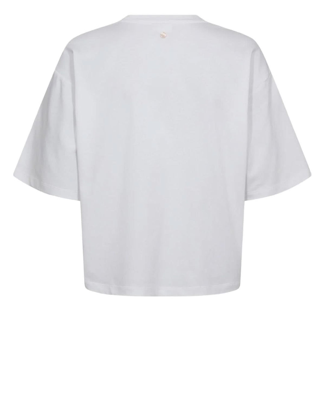 Vue arrière du T-shirt à appliqués floraux ton sur ton avec coupe ample et manches courtes, tissu doux et confortable.
