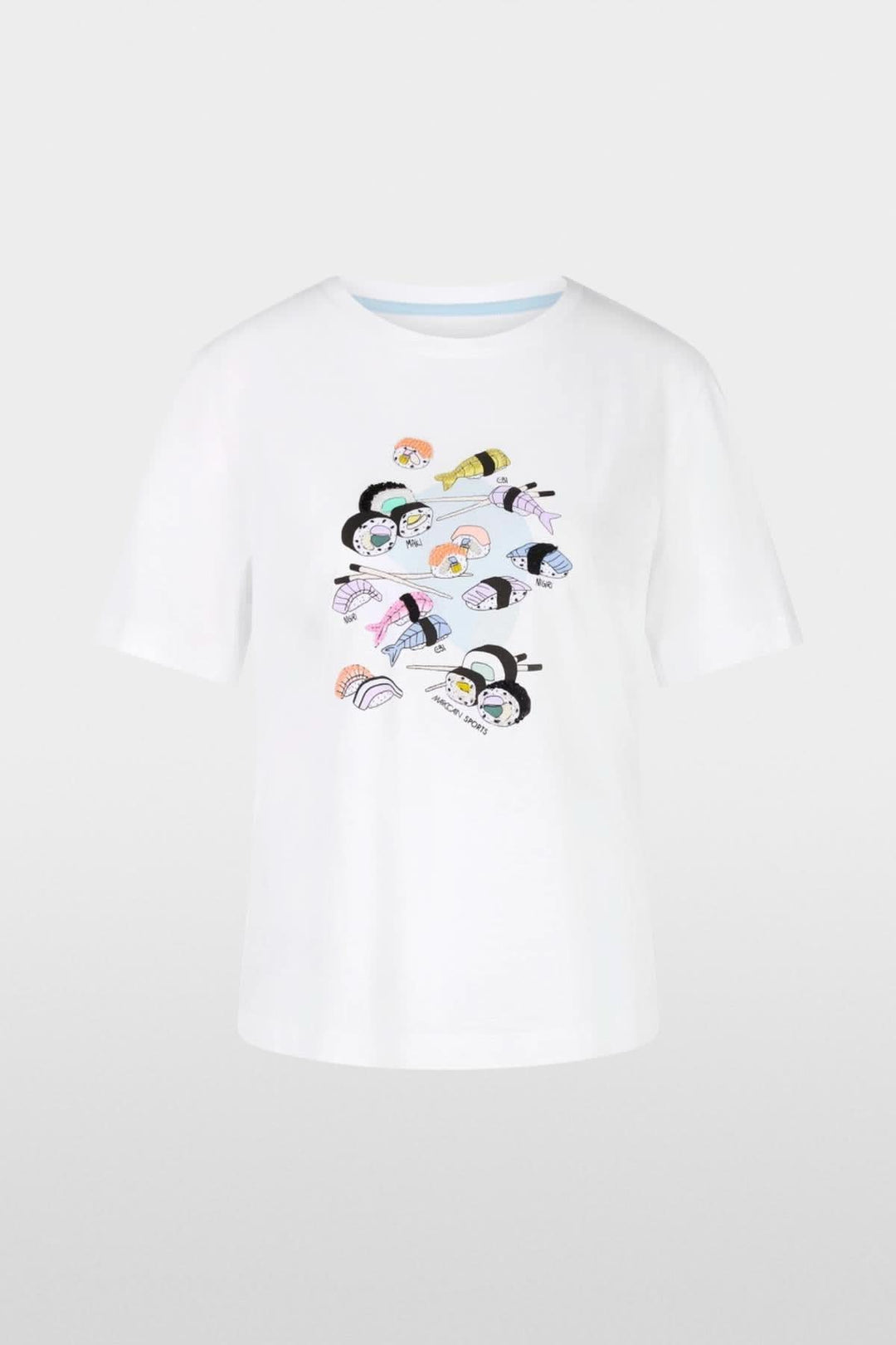 T-shirt blanc avec application sushi colorée, perles et paillettes, coupe décontractée et manches quatre-quarts.