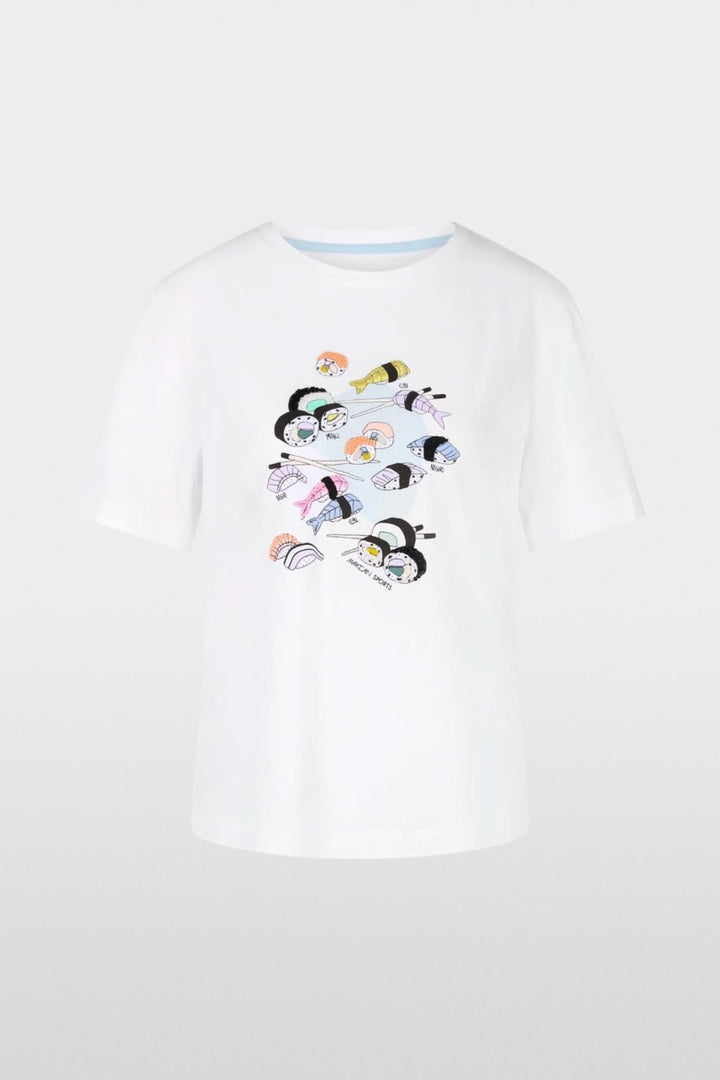 T-shirt blanc avec application sushi colorée, perles et paillettes, coupe décontractée et manches quatre-quarts.