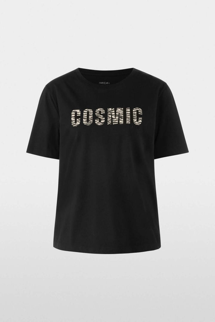 T-shirt classique col rond, noir avec imprimé « Cosmic Love », manches courtes, coton biologique, label Rethink Together.