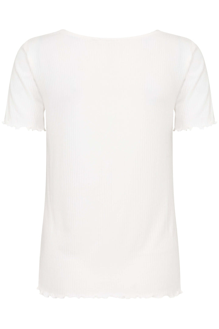 T-shirt col froncé en lin blanc, respirant, avec texture légère, vu de dos, idéal pour une tenue chic.