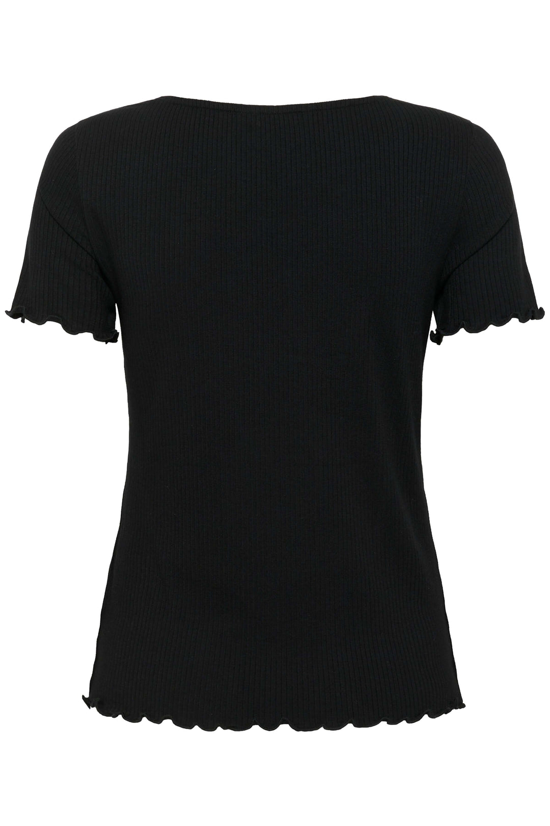 T-shirt noir à col froncé avec manches courtes et finitions en vagues, vue arrière.