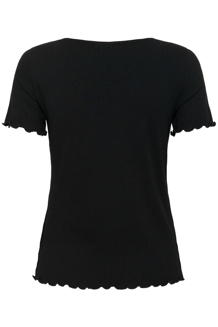 T-shirt noir à col froncé avec manches courtes et finitions en vagues, vue arrière.