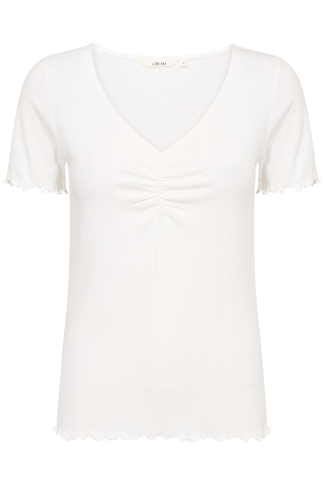 T-shirt à col froncé blanc avec broderie verticale et manches courtes, en lin léger et respirant.