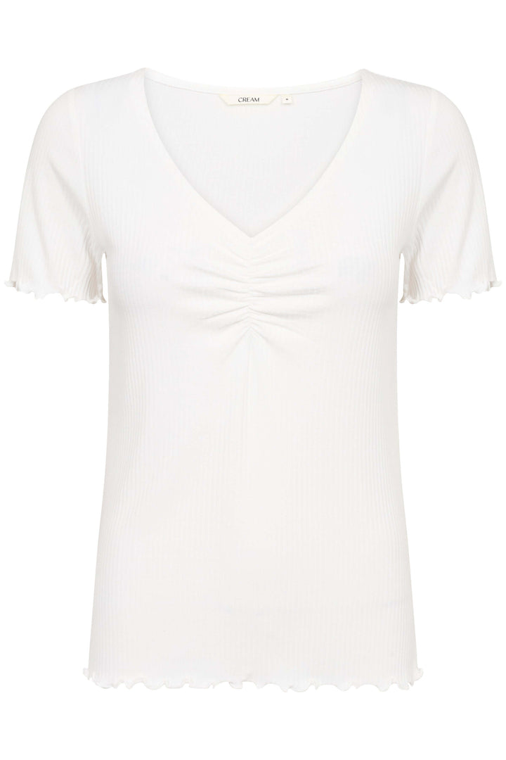 T-shirt à col froncé blanc avec broderie verticale et manches courtes, en lin léger et respirant.