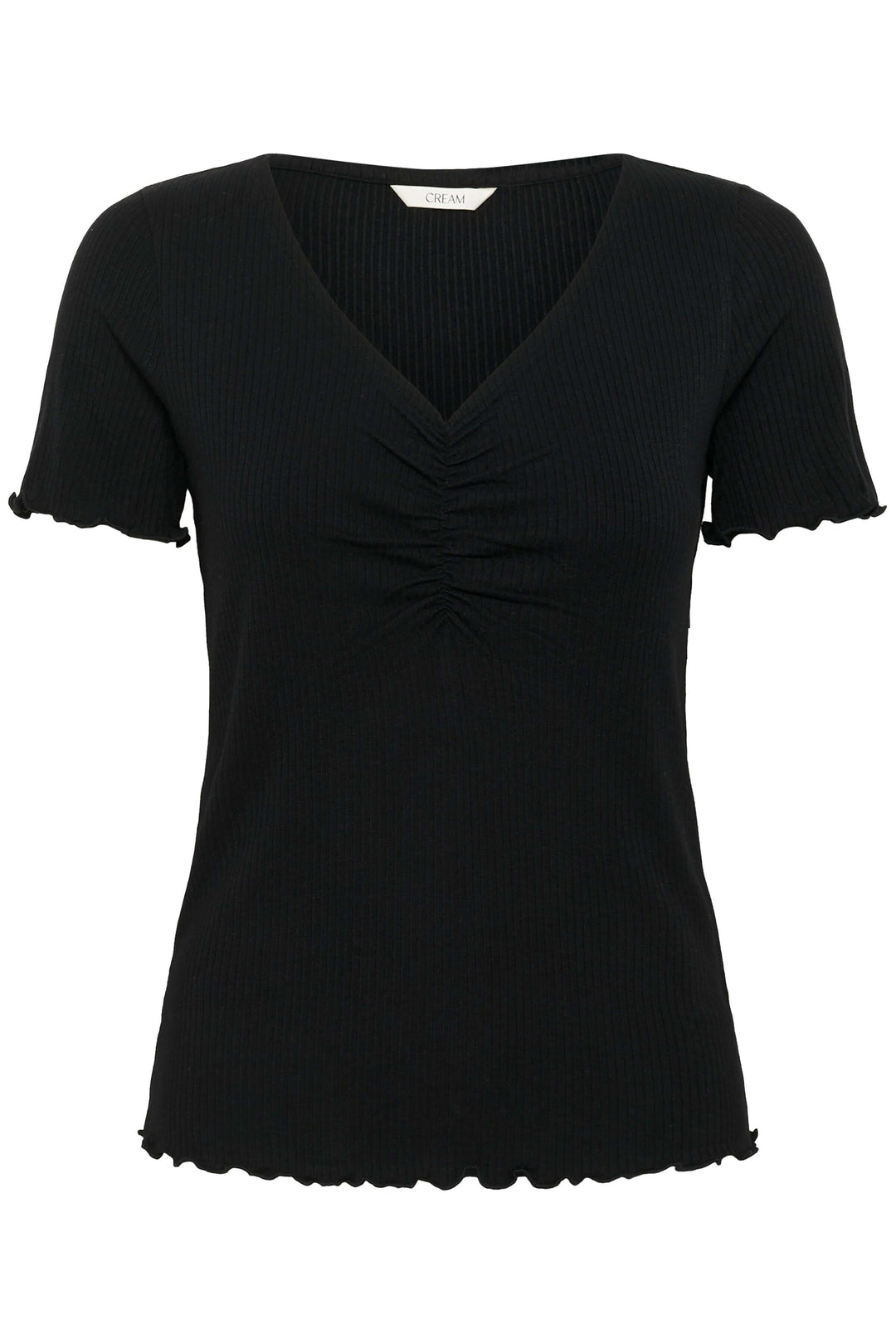 T-shirt à col froncé noir avec broderie verticale, style féminin et léger, idéal pour les journées ensoleillées.
