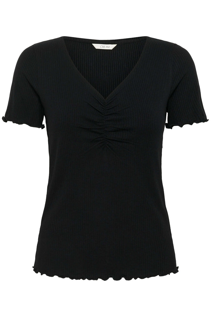 T-shirt à col froncé noir avec broderie verticale, style féminin et léger, idéal pour les journées ensoleillées.