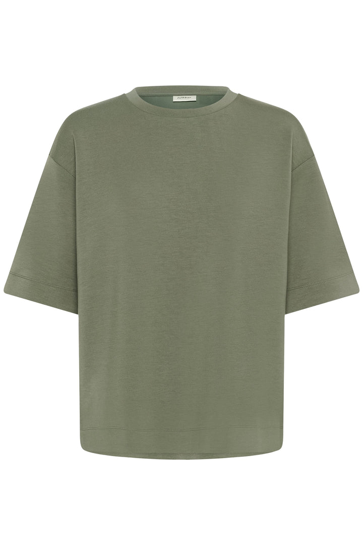 T-shirt Pannie ample avec encolure ronde et manches courtes, couleur vert olive, pour un style décontracté et moderne.