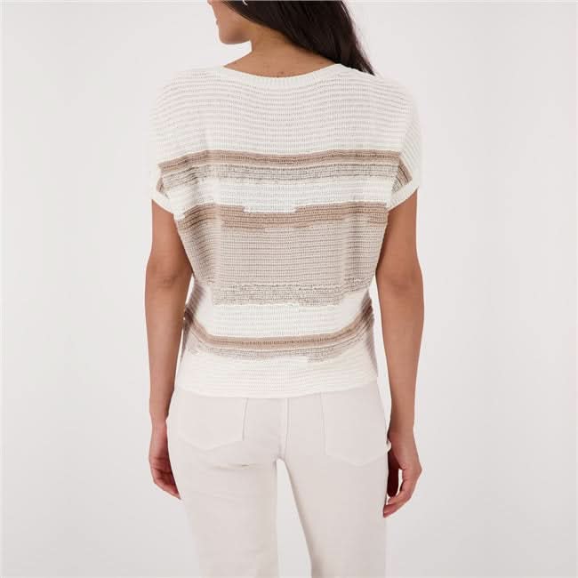 T-shirt de tricot texturé à rayures, vue arrière, manches courtes, confort moderne, encolure ronde, coupe ample et fluide.