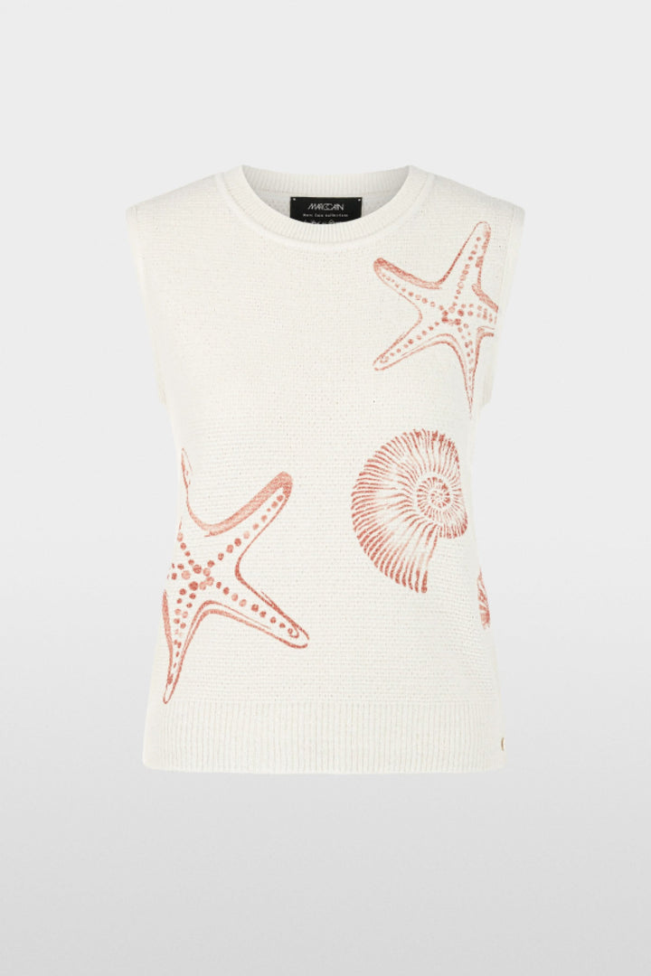 T-shirt en maille sans manches blanc avec motif étoile de mer et coquillage, coupe ajustée, sans manches, encolure arrondie.