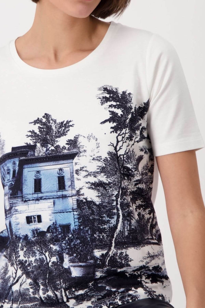 T-shirt imprimé « Jardin Anglais » en coton-modal, décoré de strass, avec motif floral et architectural.