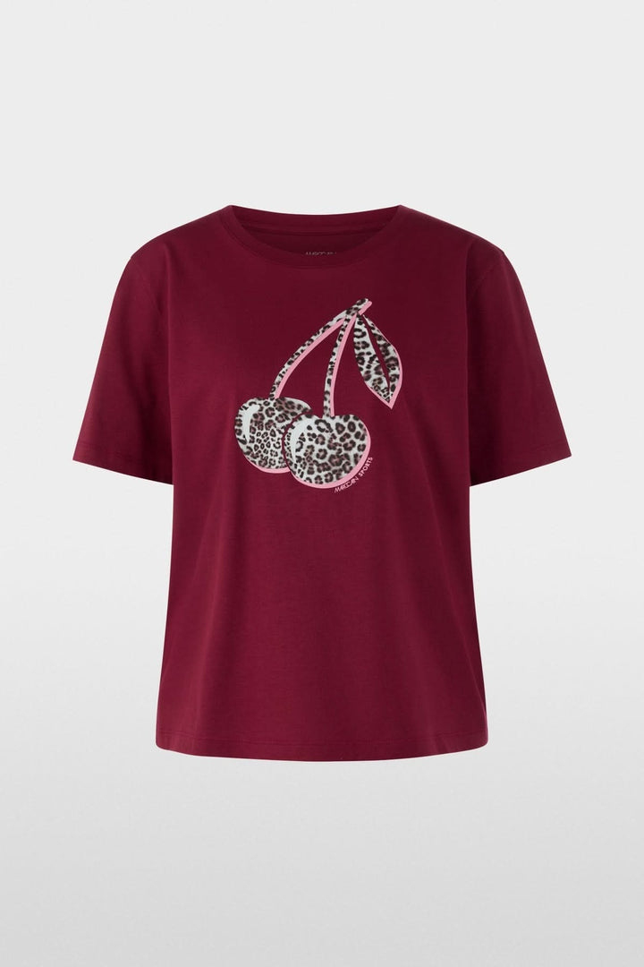 T-shirt imprimé cerises léopard en coton biologique avec motif cerises léopard, coupe droite et manches courtes, label Rethink Together.