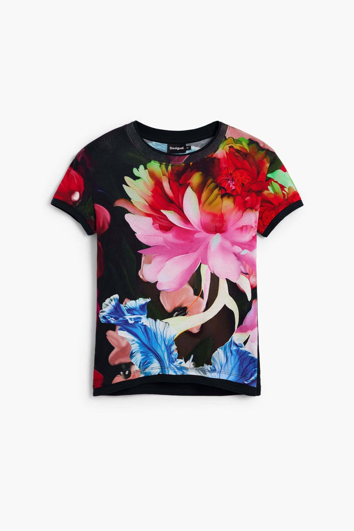 T-shirt imprimé fleurs avec motif floral surdimensionné et coupe ajustée, idéal pour un look moderne et affirmé, manches courtes, encolure ronde.