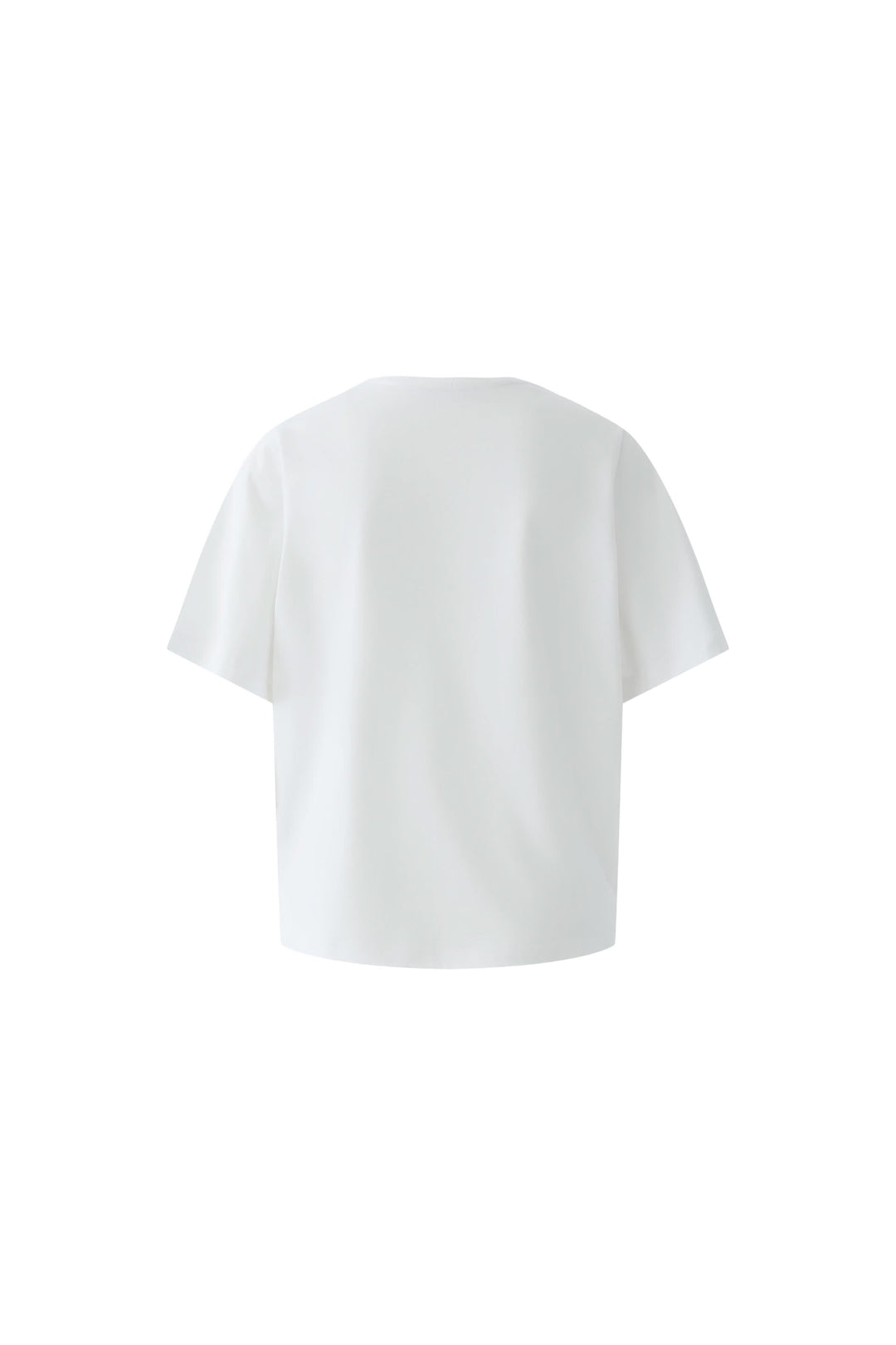 Vue arrière d'un t-shirt blanc à coupe droite, design contemporain, sans imprimerie visible sur la photo.