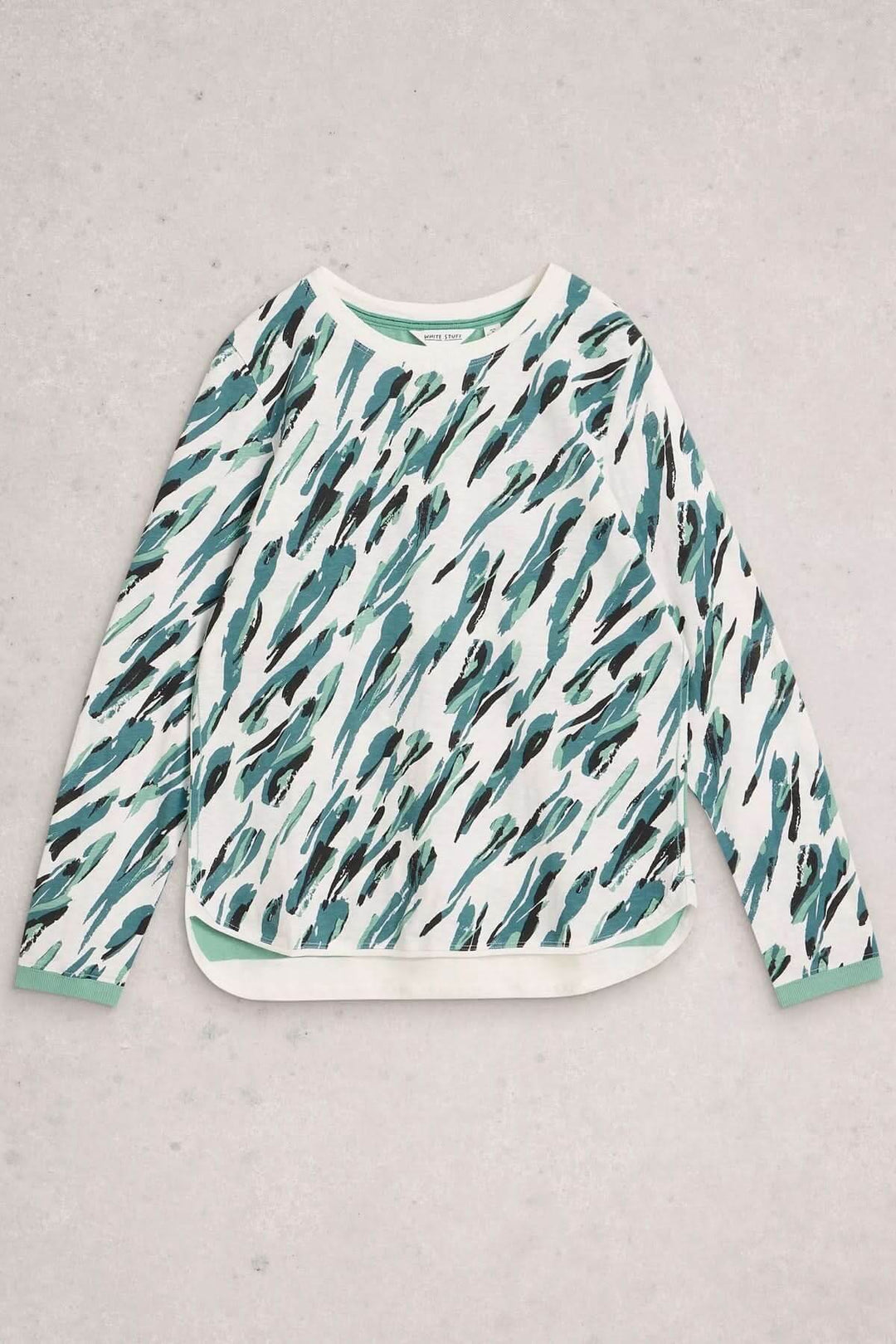 T-shirt à manches longues Clara avec motif abstrait, coupe droite, encolure ronde, manches longues, tissu doux et confortable.