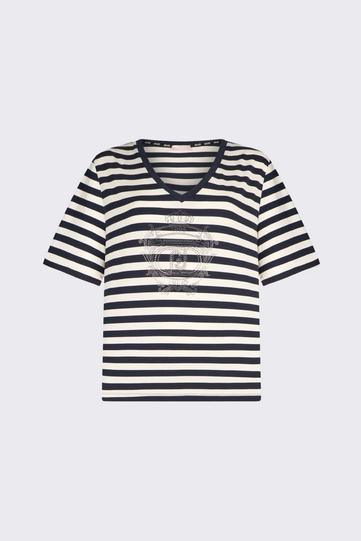 T-shirt rayé col en V avec motif décoratif, manches courtes, tissu doux, coupe confortable, inspiration marine élégante.