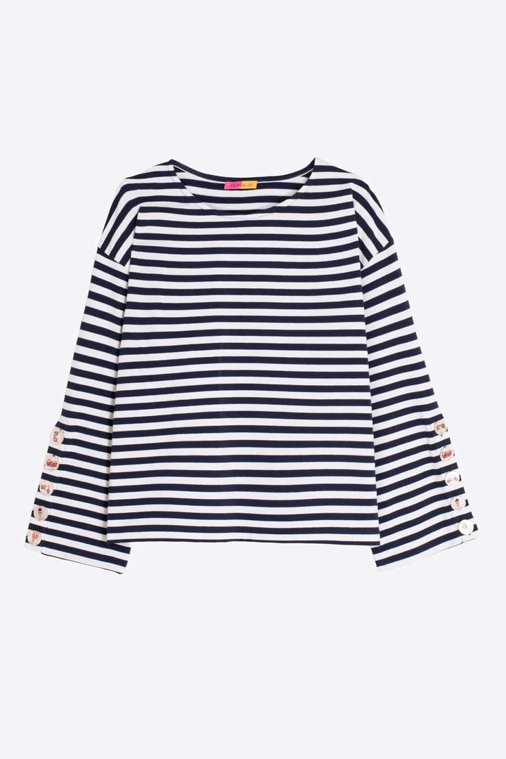T-shirt rayé à manches longues avec rayures noires et blanches, boutons décoratifs aux poignets, style élégant et décontracté.
