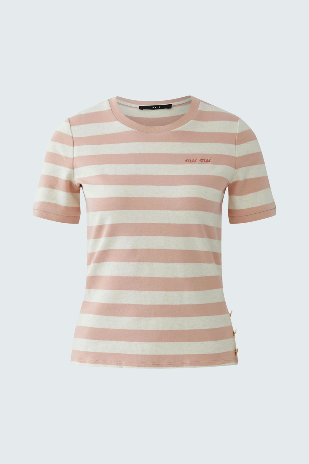T-shirt à rayures rose et blanc avec coupe droite et détails décoratifs, manches courtes, idéal pour un look moderne et féminin.