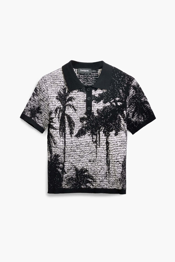 T-shirt style polo à manches courtes avec imprimé paysage tropical en noir et blanc.