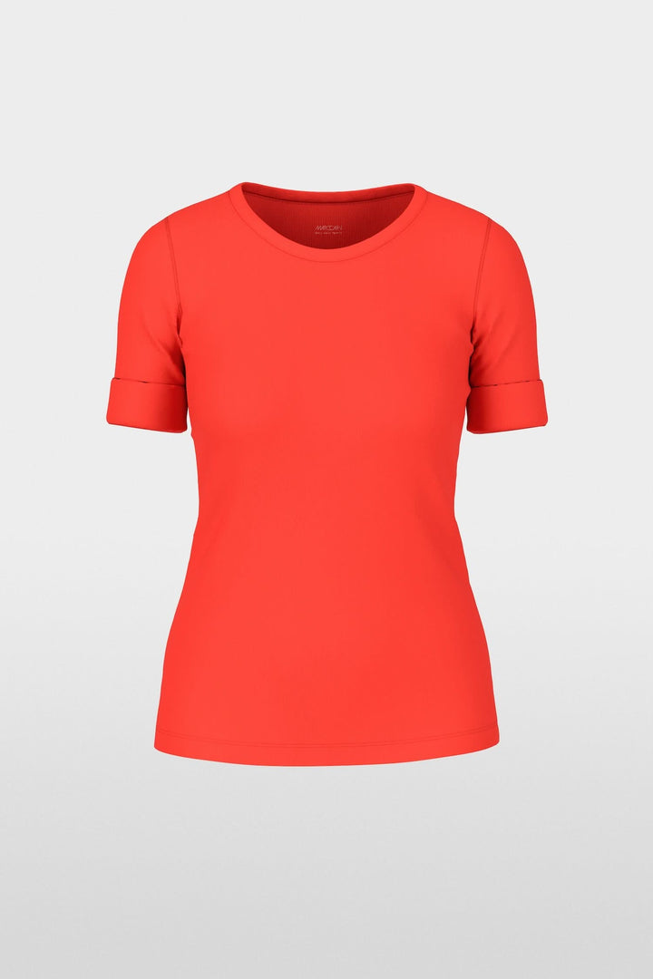 T-shirt uni en coton côtelé stretch rouge à manches courtes et encolure ronde.