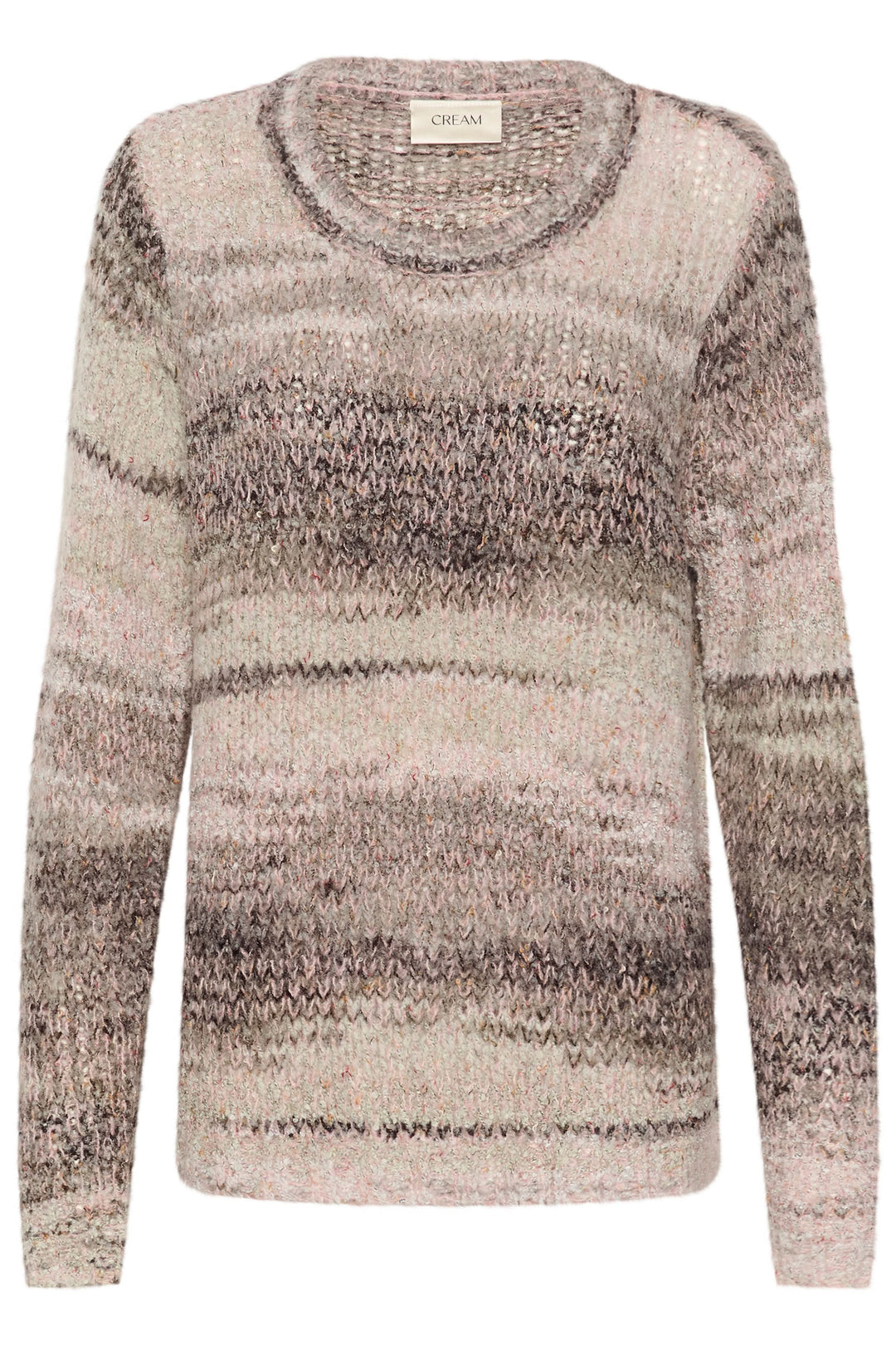 Tricot Lila, pull à rayures dans des tons neutres, coupe droite, longueur aux hanches, idéal pour un look moderne ou décontracté.