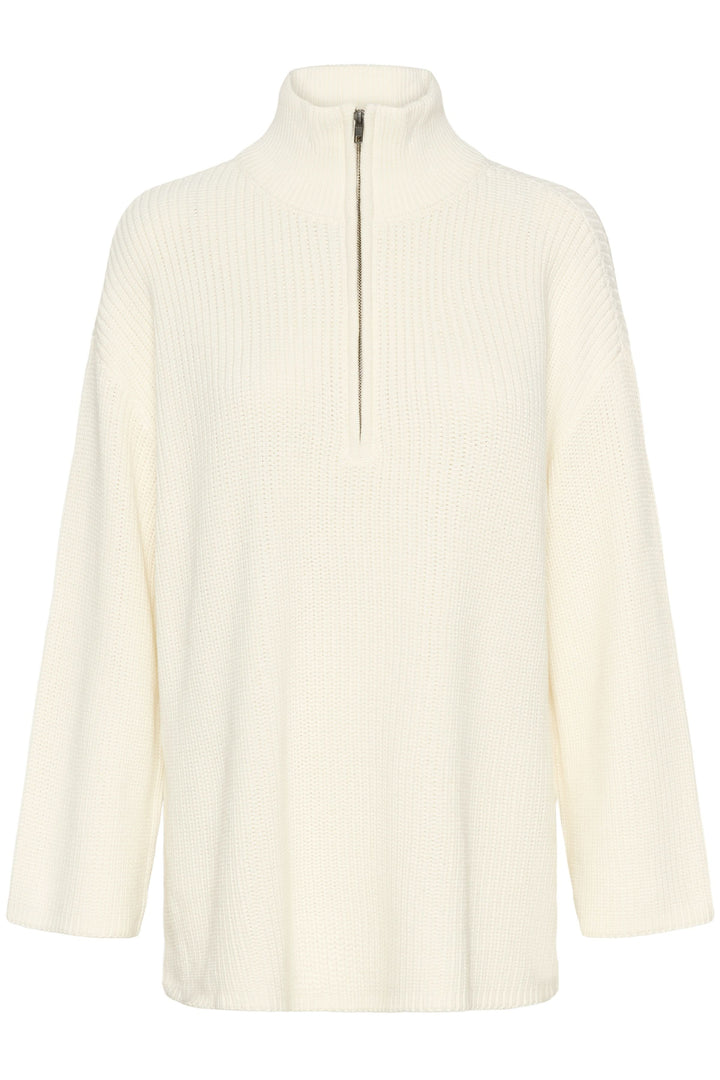 Tricot Pietra ample blanc avec col montant zippé, style décontracté et texture confortable, idéal pour superpositions.