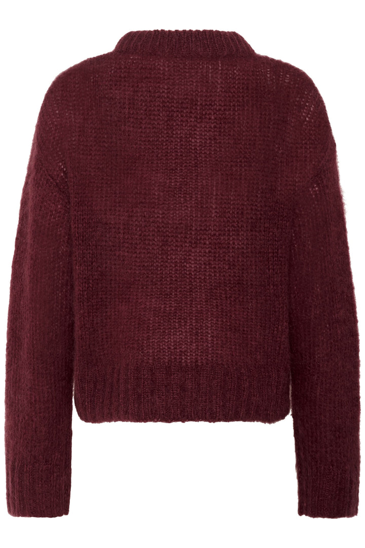 Tricot Sile col rond, coupe ample, maille duveteuse en couleur bordeaux, parfait pour l'hiver.