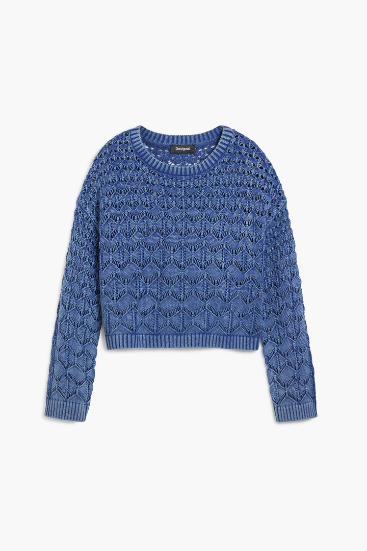 Tricot ajouré bleu à manches longues, coupe ample et col rond, style décontracté, jeu de transparences.