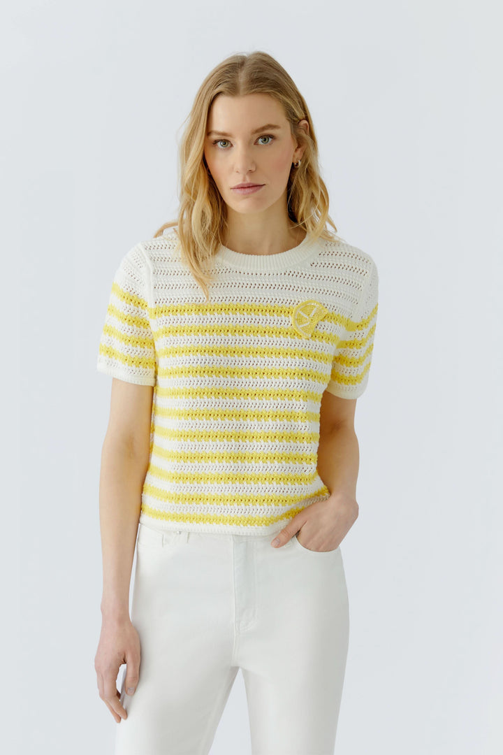 Tricot ajouré à rayures manches courtes, modèle féminin en maille légère avec motif structuré et détail distinctif.