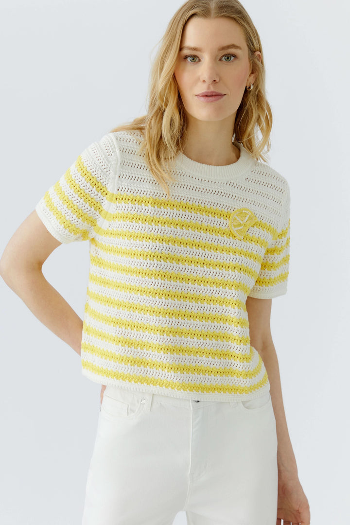 Tricot ajouré à rayures manches courtes sur mannequin, léger et respirant pour une silhouette féminine et moderne. Décris moi le produit en français.