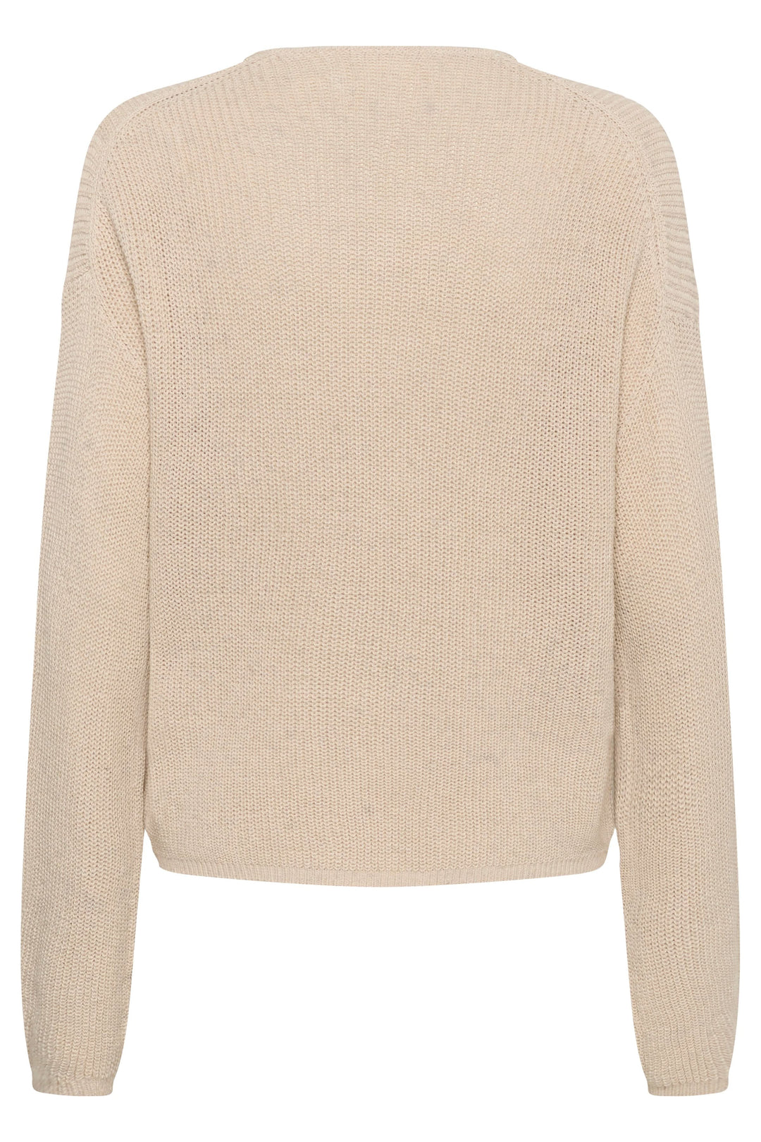 Vue arrière du tricot col V en maille beige avec manches longues et coupe décontractée, détail de texture et finition bord-côte.