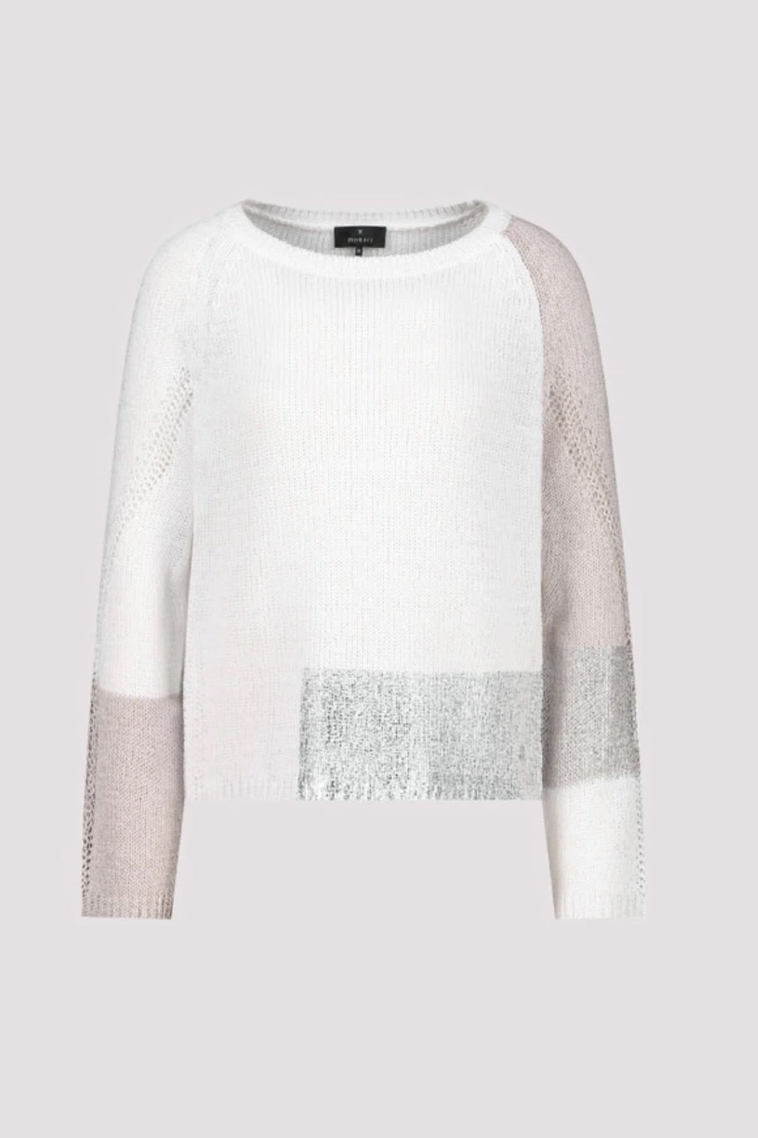 Tricot color block sweater with metallic finish and modern design, featuring raglan sleeves and soft pastel colors.