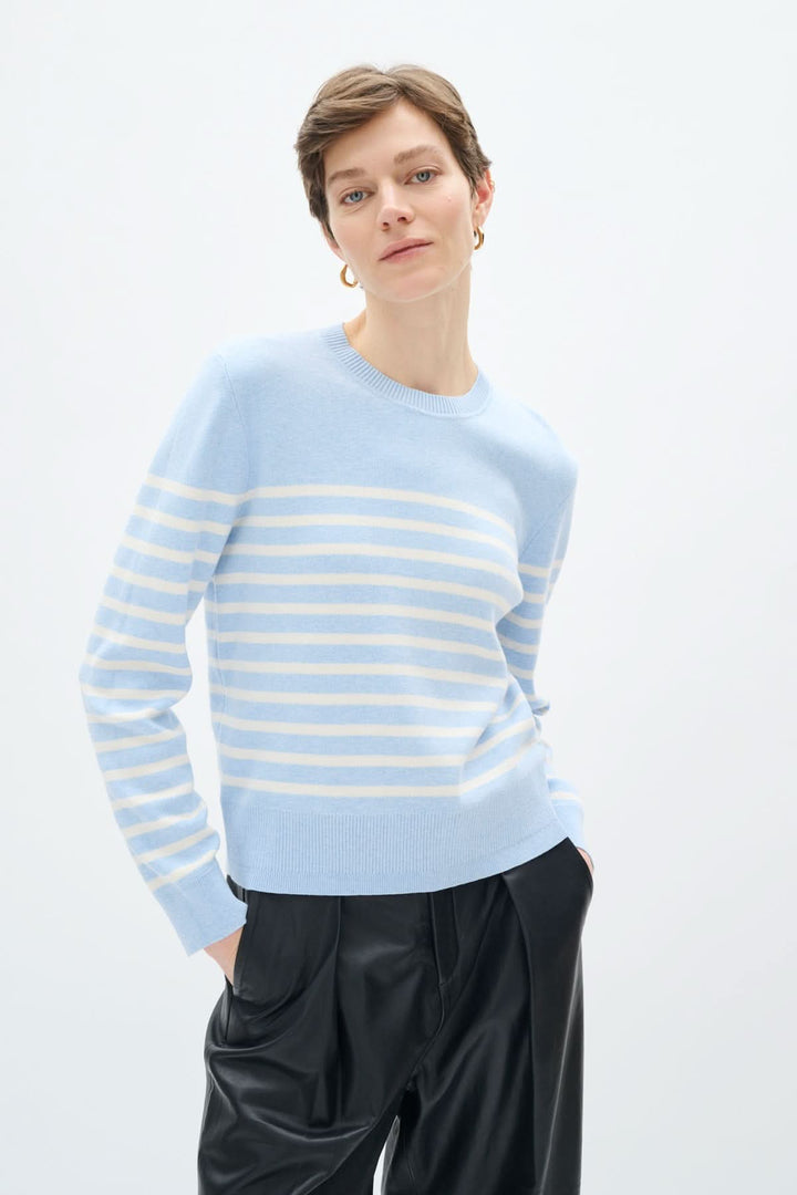 Tricot de coton rayé Wallis, col rond, manches longues, en bleu clair et blanc, style décontracté.