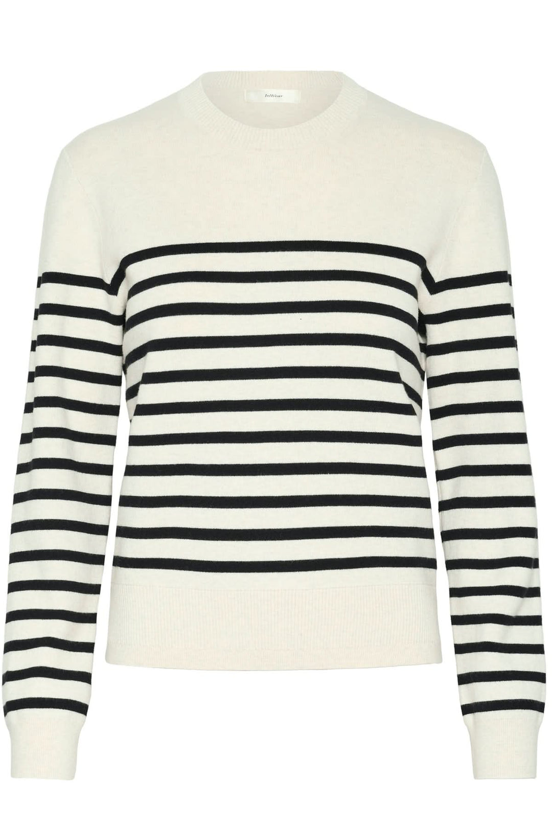 Tricot de coton rayé Wallis avec col rond et manches longues, style féminin et décontracté.
