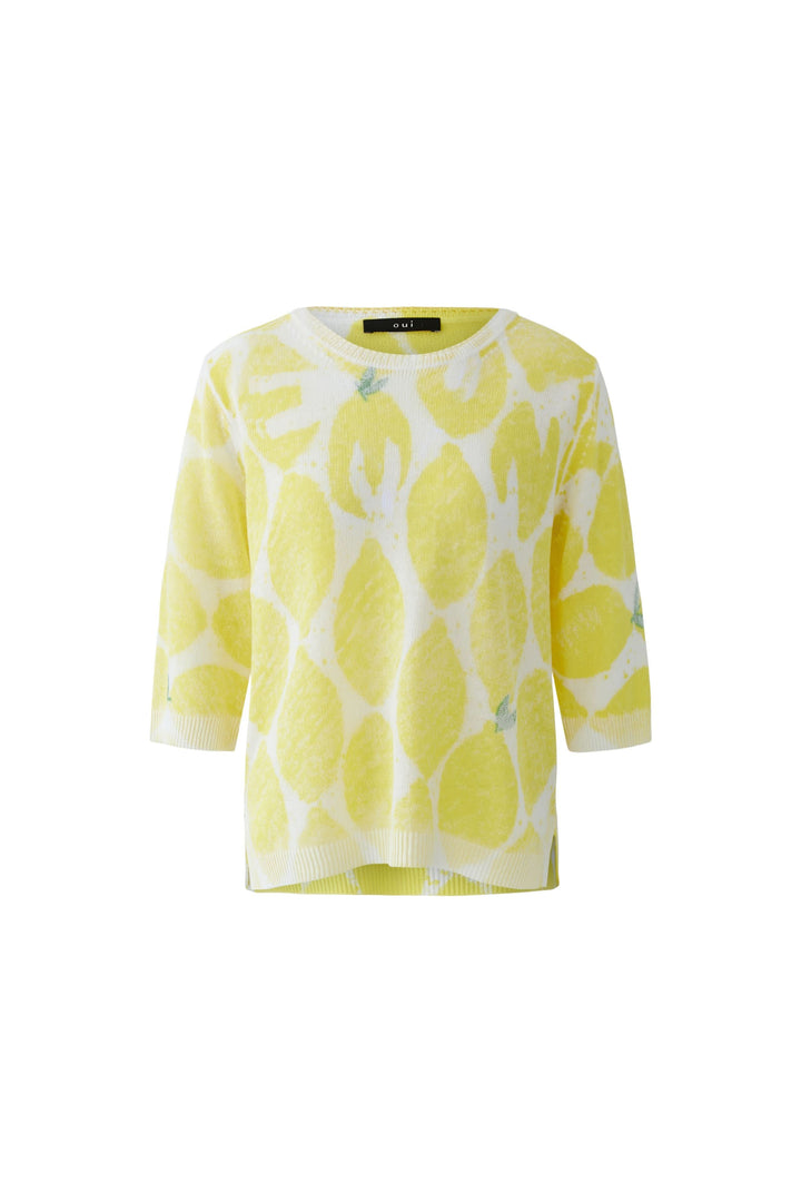Tricot léger imprimé à manches 3/4 avec motif citron, manche 3/4, encolure ronde et épaules tombantes, style décontracté.