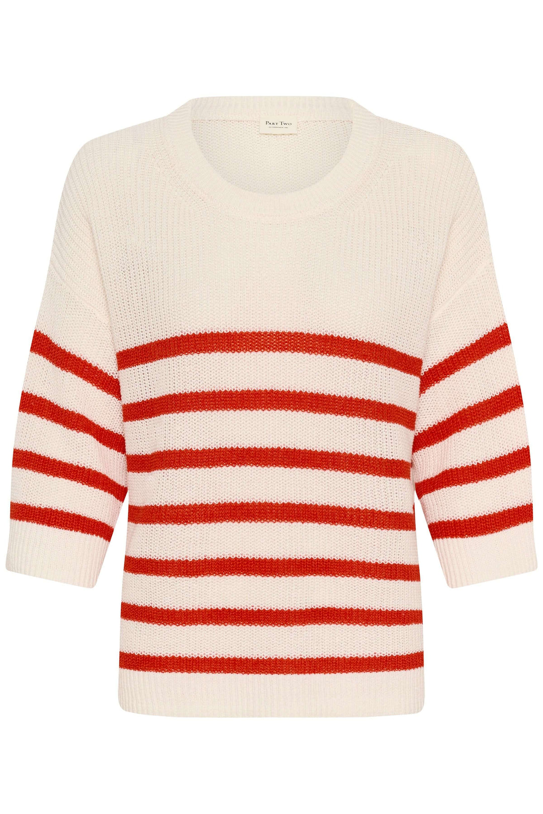 Tricot lin et coton Aliza à manches courtes avec rayures rouges et blanches, style décontracté et léger pour la mi-saison.