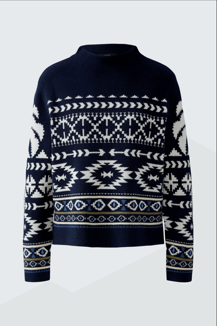 Pull tricot motif norvégien en jacquard, col montant, coupe courte et décontractée, idéal pour un look cosy.