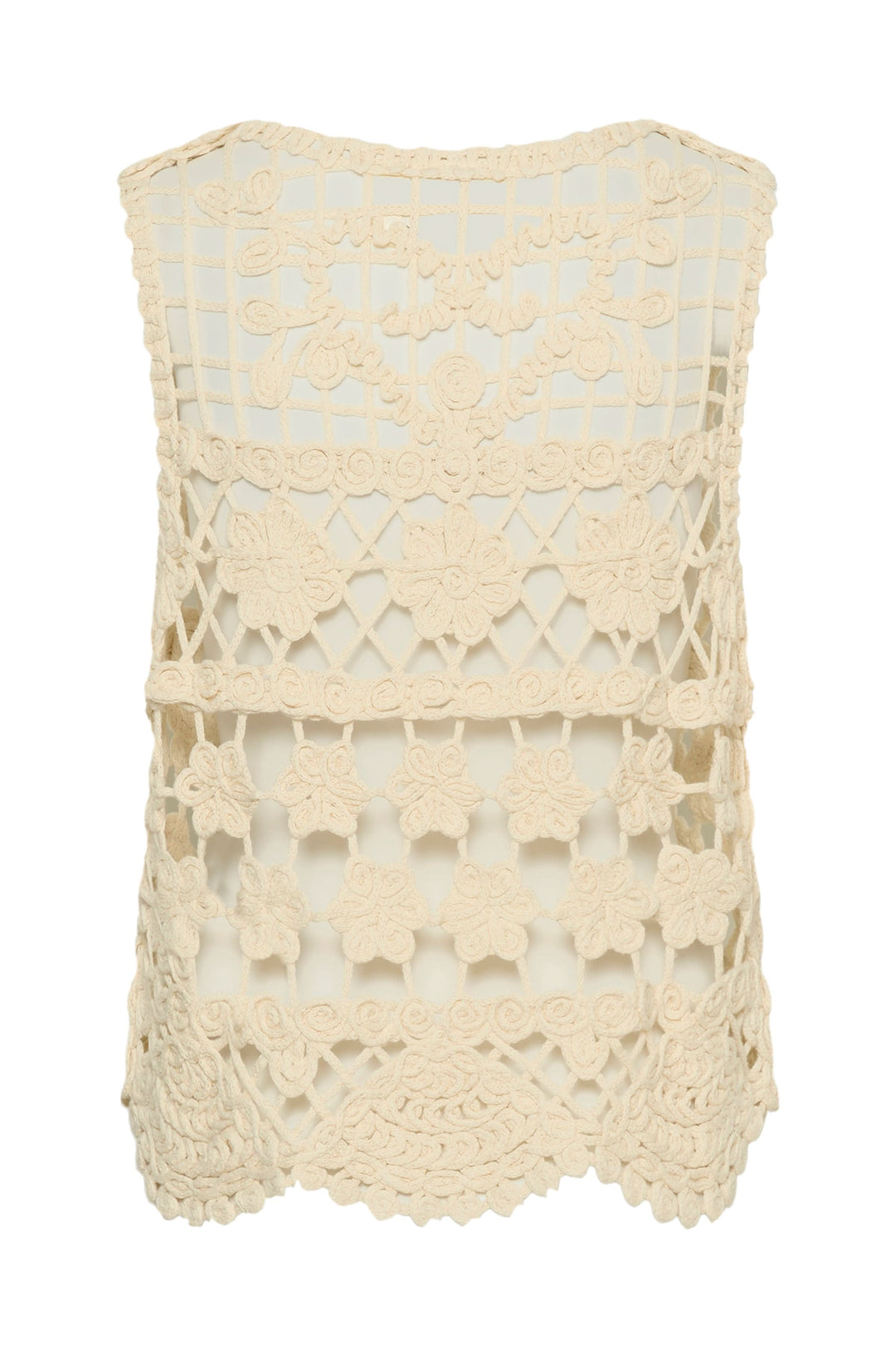 Veste Lotu sans manches en crochet avec motif floral ajouré et finition festonnée élégante, vue arrière du design sophistiqué.