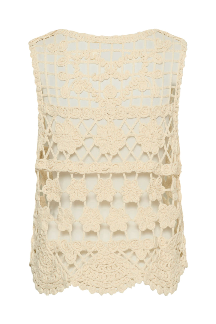 Veste Lotu sans manches en crochet avec motif floral ajouré et finition festonnée élégante, vue arrière du design sophistiqué.