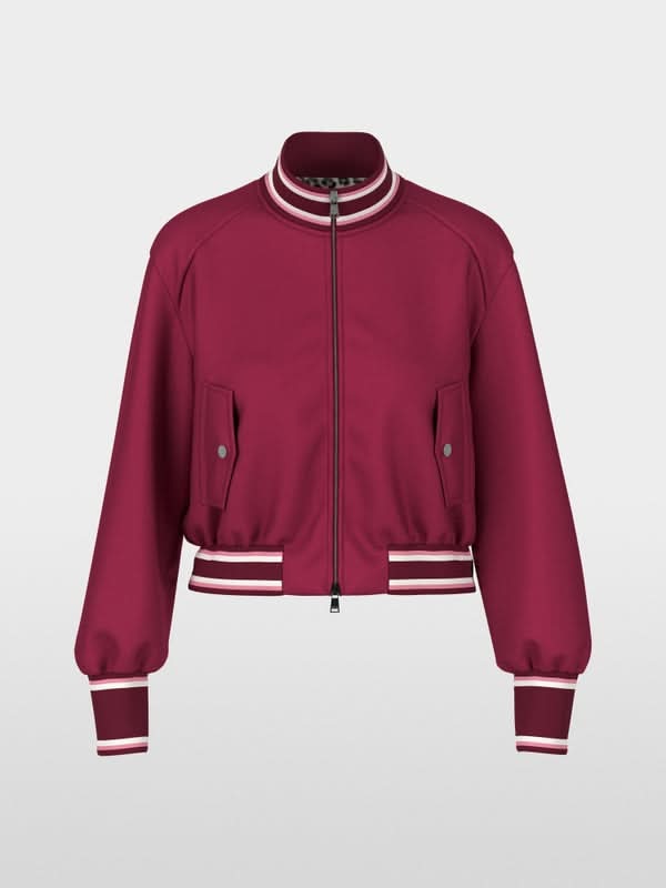 Veste bomber réversible bordeaux avec fermeture éclair, poignets contrastés, côté léopard, douce et ample pour un look sportif.