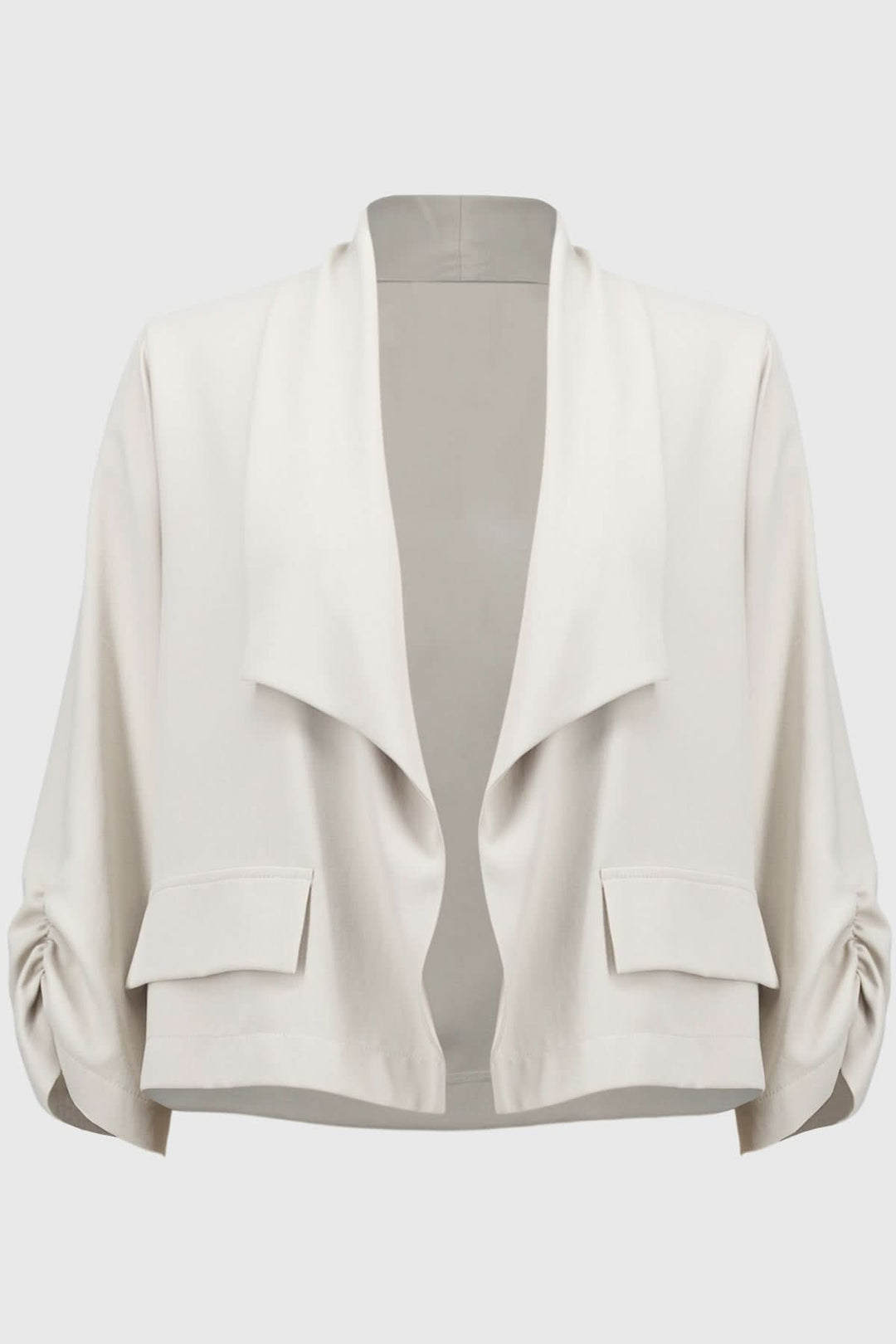 Veste col châle en crêpe souple avec poches, manches longues froncées, style décontracté et élégant.