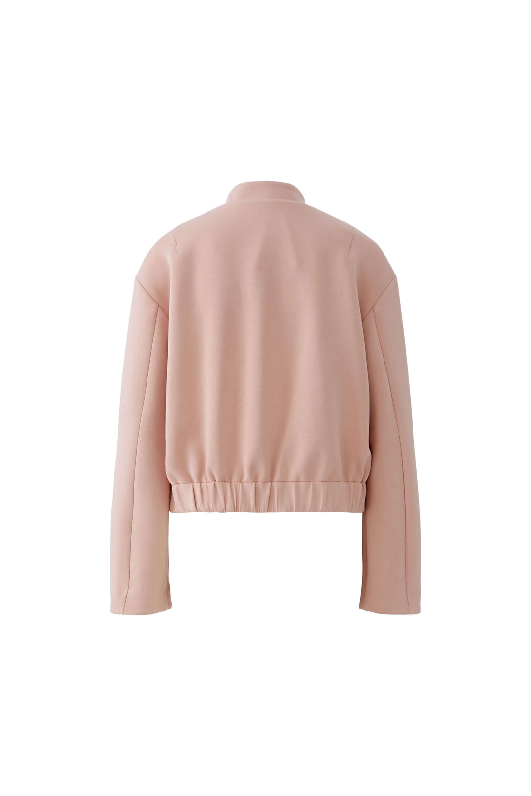 Veste courte structurée rose à col montant, vue arrière, design urbain contemporain, idéale pour un look épuré et superposable.