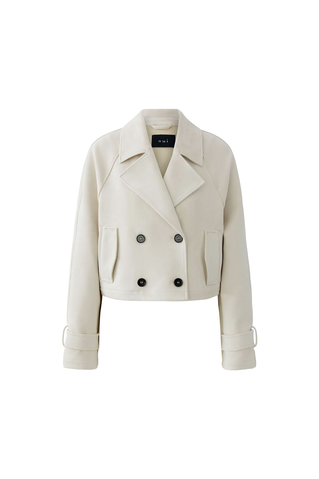 Veste courte croisée à col tailleur en tissu clair, idéale pour un look élégant et moderne. Décris moi le produit en français.