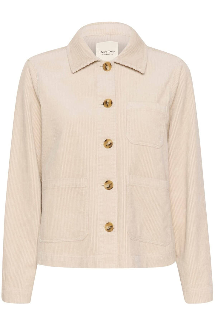 Veste en velours côtelé beige avec boutons contrastants, parfaite pour une allure chic et décontractée.