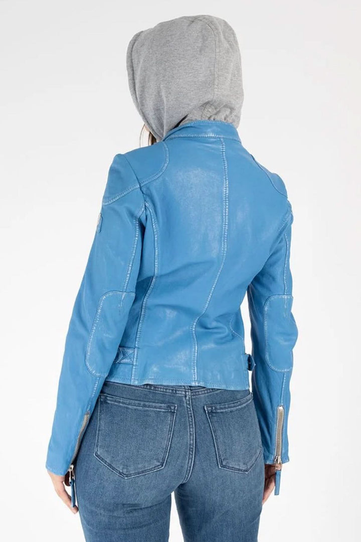 Model wearing a blue leather jacket with a detachable hood, presented from the back.