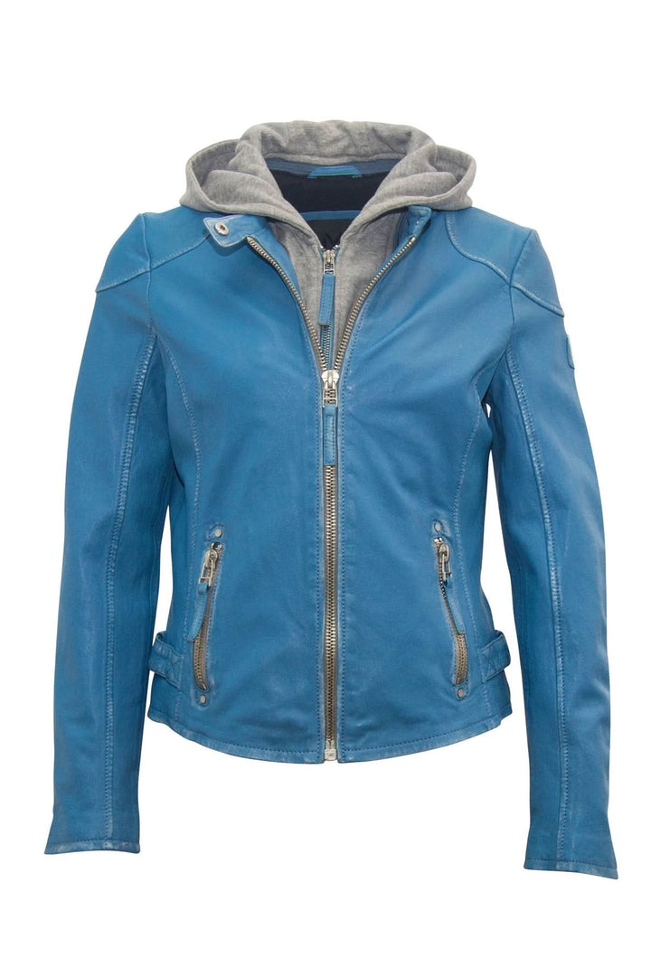 Veste en cuir nappa bleue avec capuche amovible, lignes épurées et coutures vieillies.