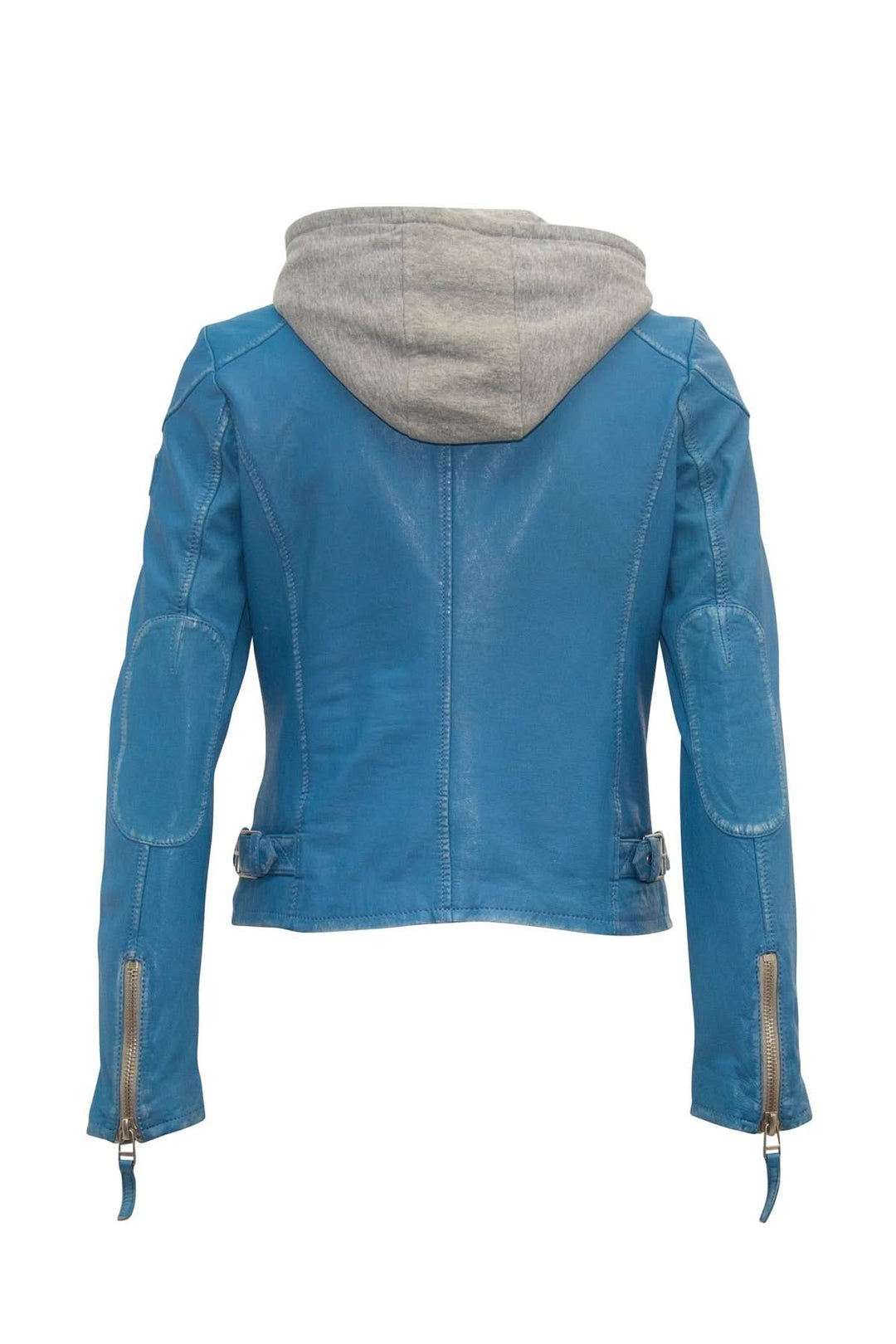 Rear view of a blue leather jacket with a removable gray hood, showcasing its stylish design and details.