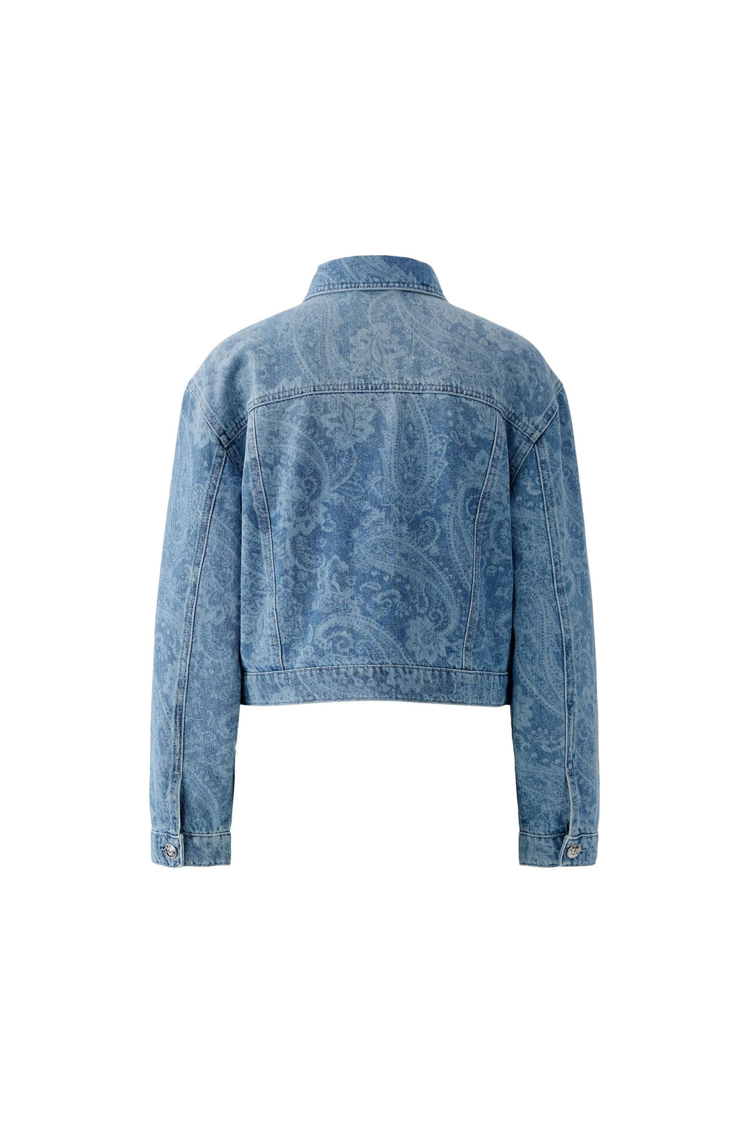 Veste en jean imprimée, motif cachemire subtil, coupe raccourcie, esprit utilitaire, idéale pour une allure moderne et élégante.